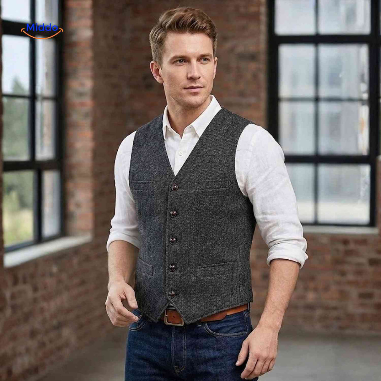 Men's herringbone wool vest in classic heritage style.