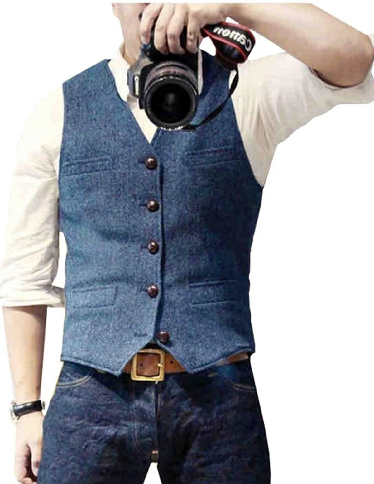 HerringLux vest men blue herringbone wool blend