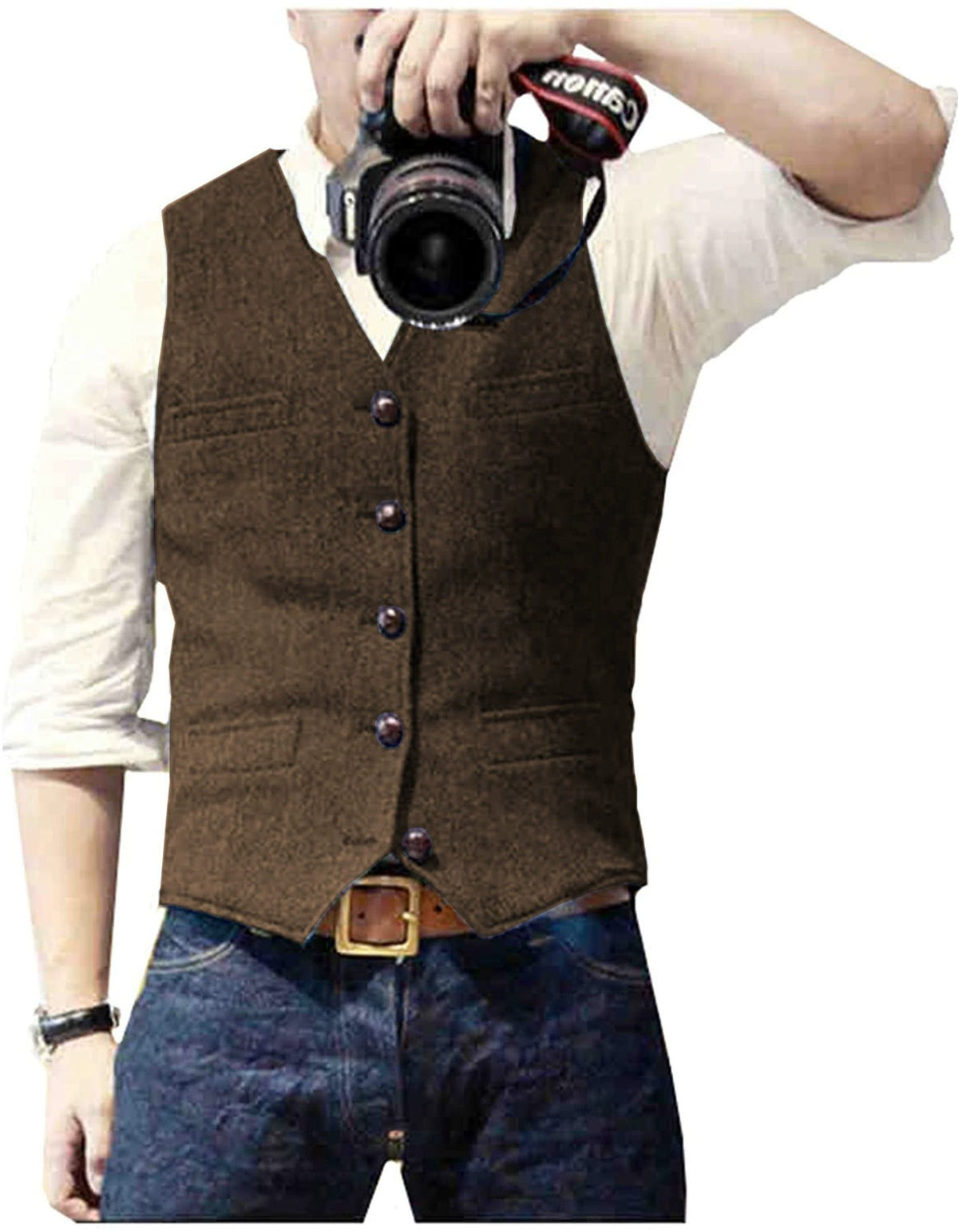HerringLux vest men brown herringbone wool blend