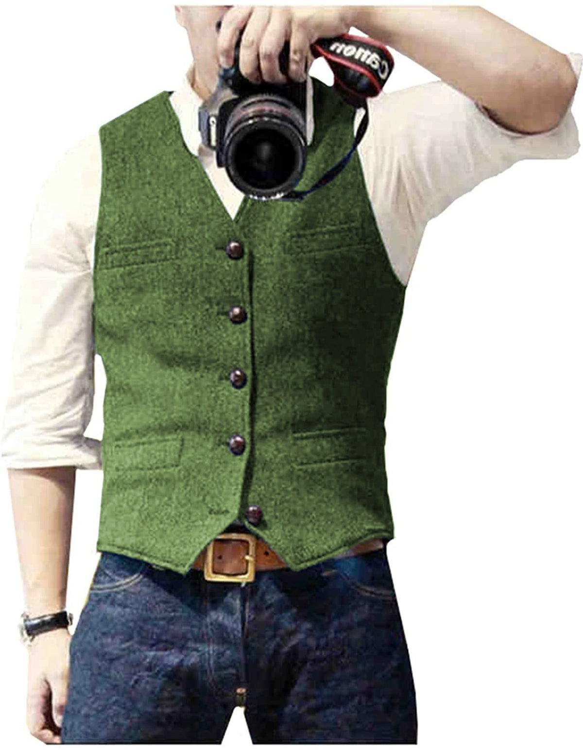 HerringLux vest men green herringbone wool blend