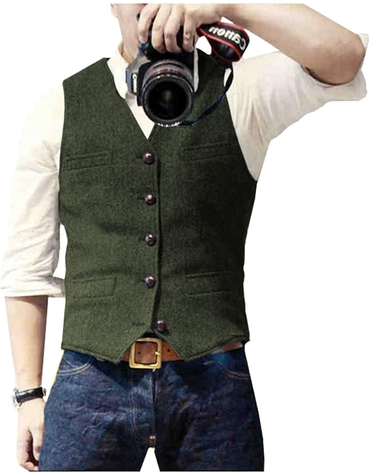 HerringLux vest men army green herringbone wool blend