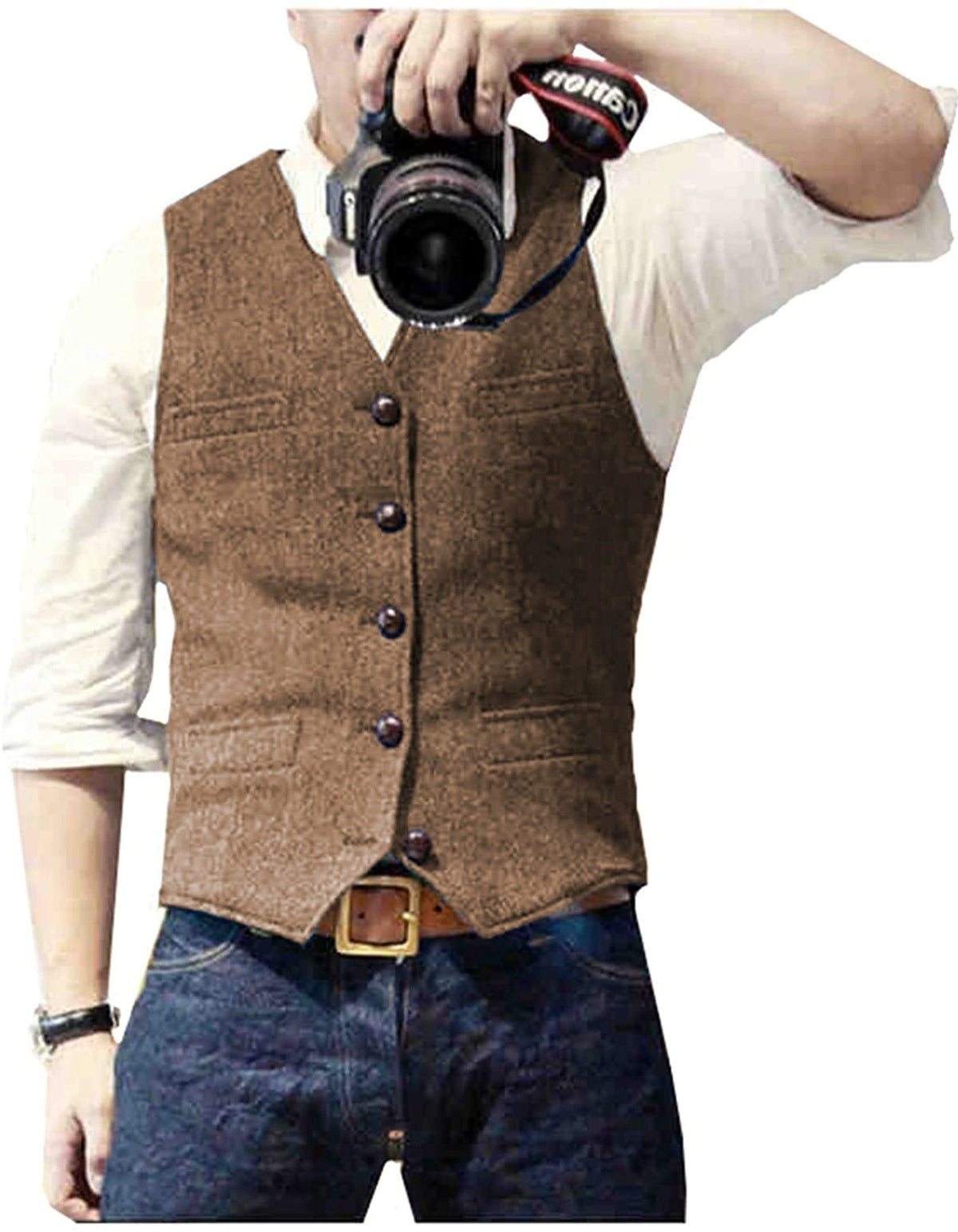 HerringLux vest men light brown herringbone wool blend