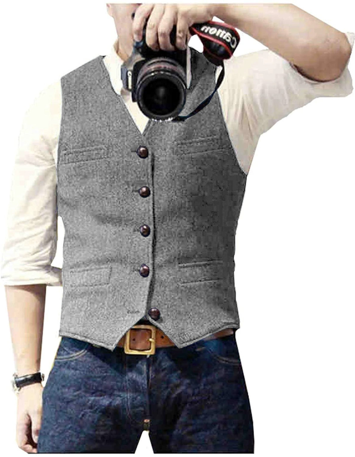 HerringLux vest men light gray herringbone wool blend
