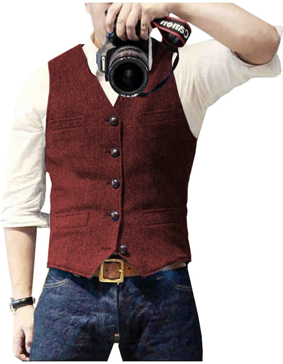 HerringLux vest men wine red herringbone wool blend