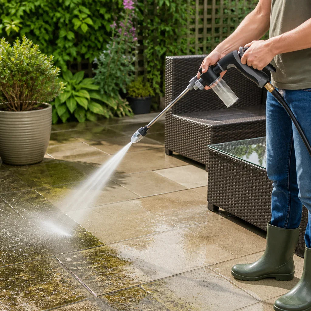 High pressure water gun cleaning outdoor patio and driveway surfaces effectively.
