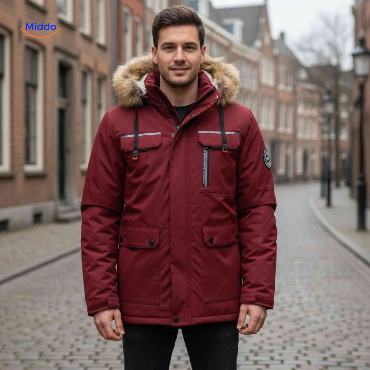 Dark blue wind-resistant men's parka with hood and reflective details.