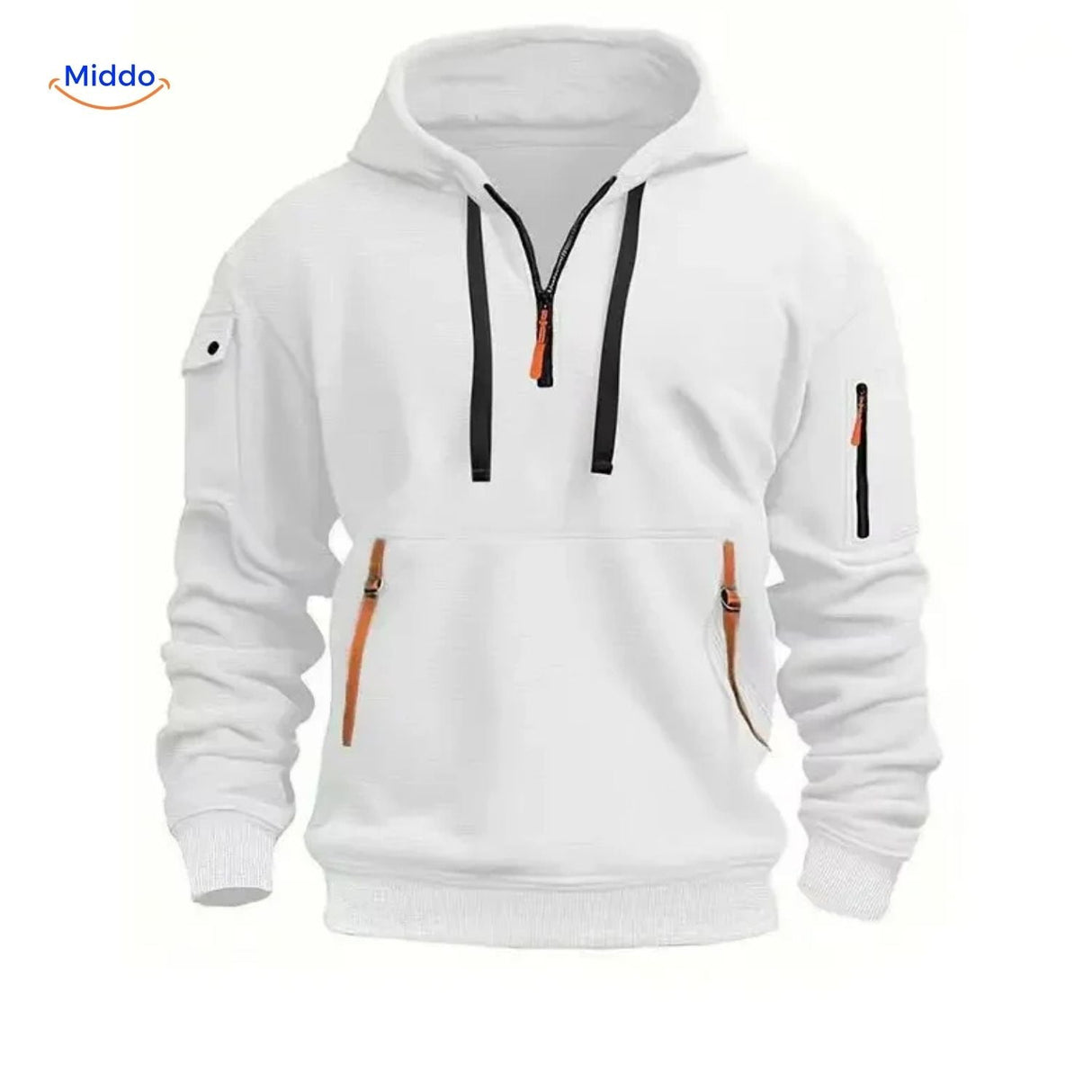 White hooded pullover with orange accent zippers in durable fabric