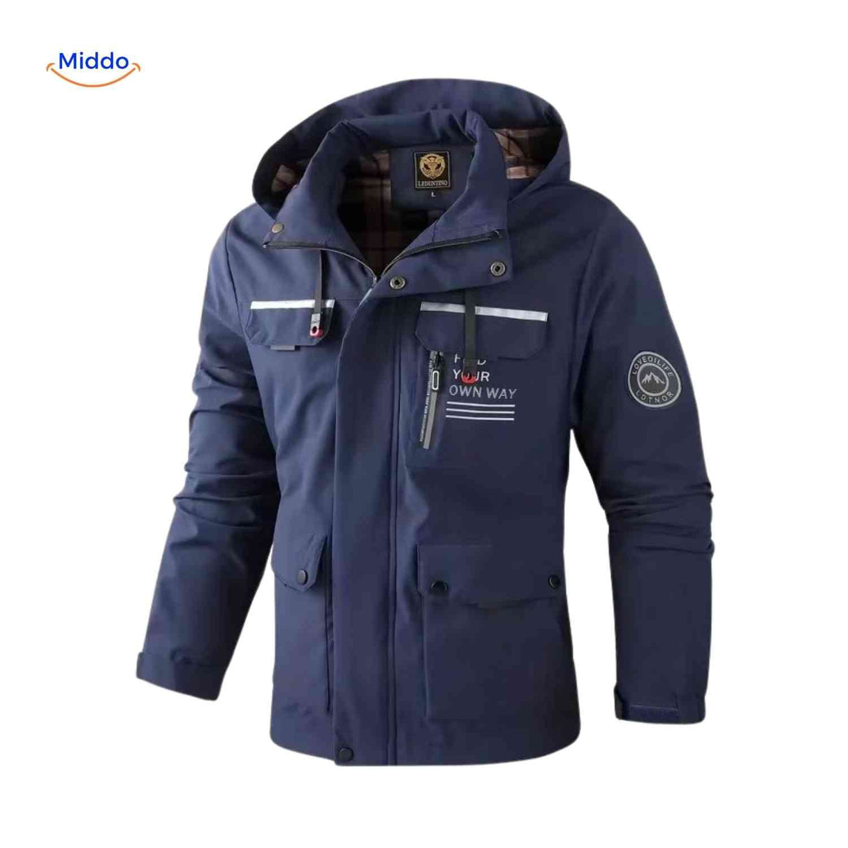 Waterproof men's winter jacket with hood and zip pockets.