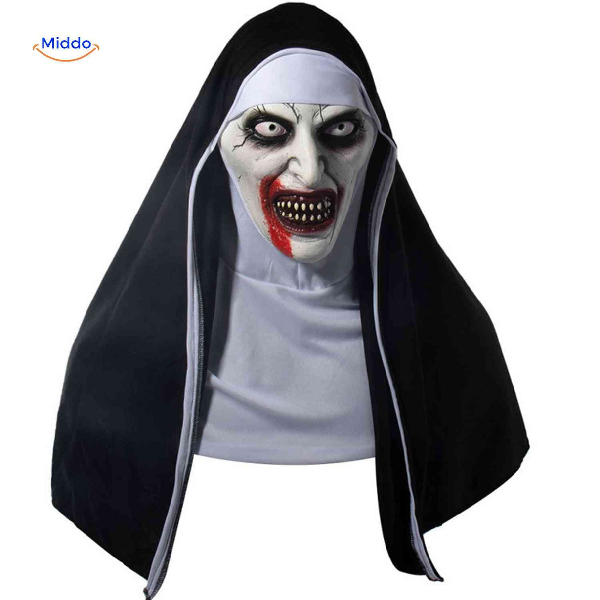 Horror nun mask with blood effects and sharp fanged teeth.