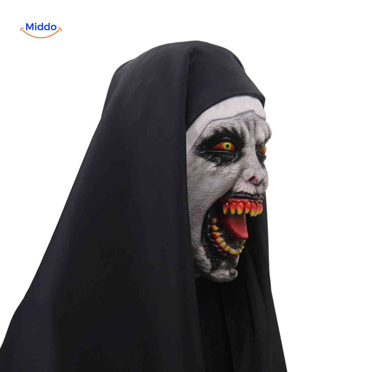 Horror nun mask showing detailed side profile of frightening design.
