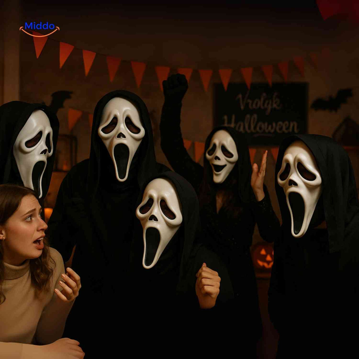 Scary skull mask worn by group at Halloween party celebration.