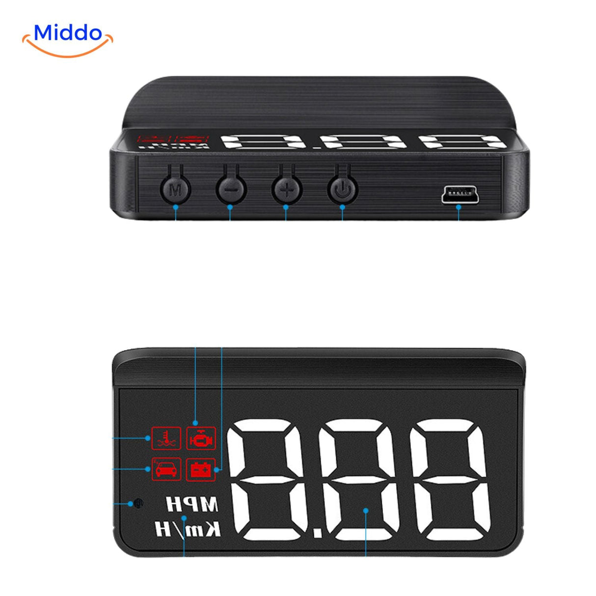 Head-up display with night and day mode showing speed projection in all lighting