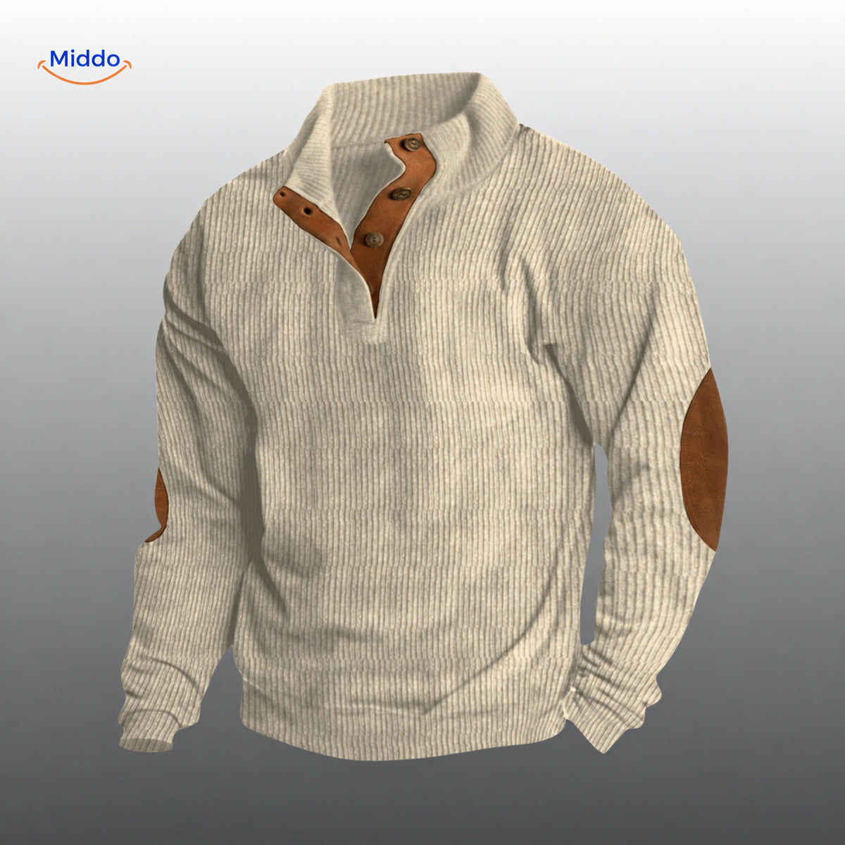IndieWear light grey corduroy sweater with brown button placket and elbow patches.