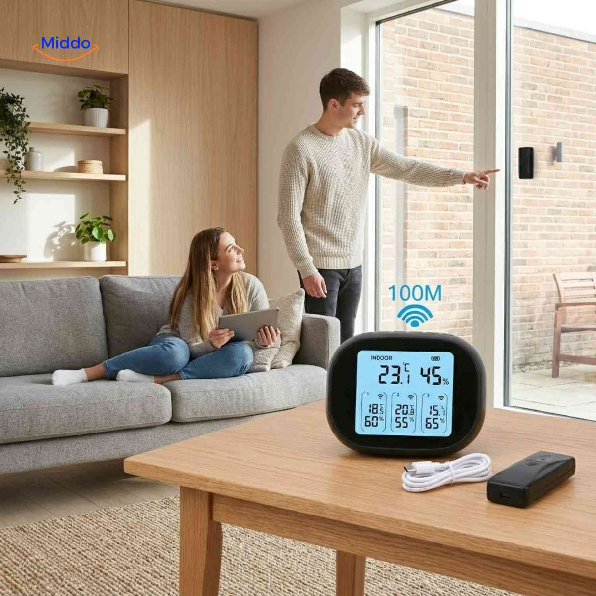 Indoor climate meter with wireless sensor displaying real-time temperature and humidity.