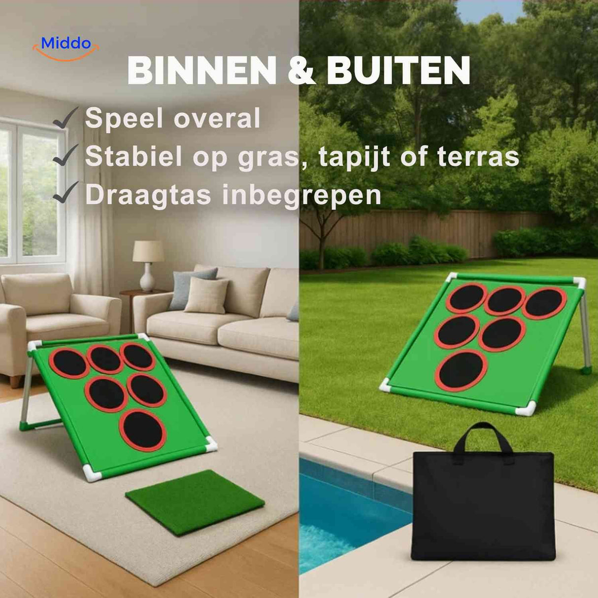 Indoor-outdoor golf target game mat with multiple target holes and balls.