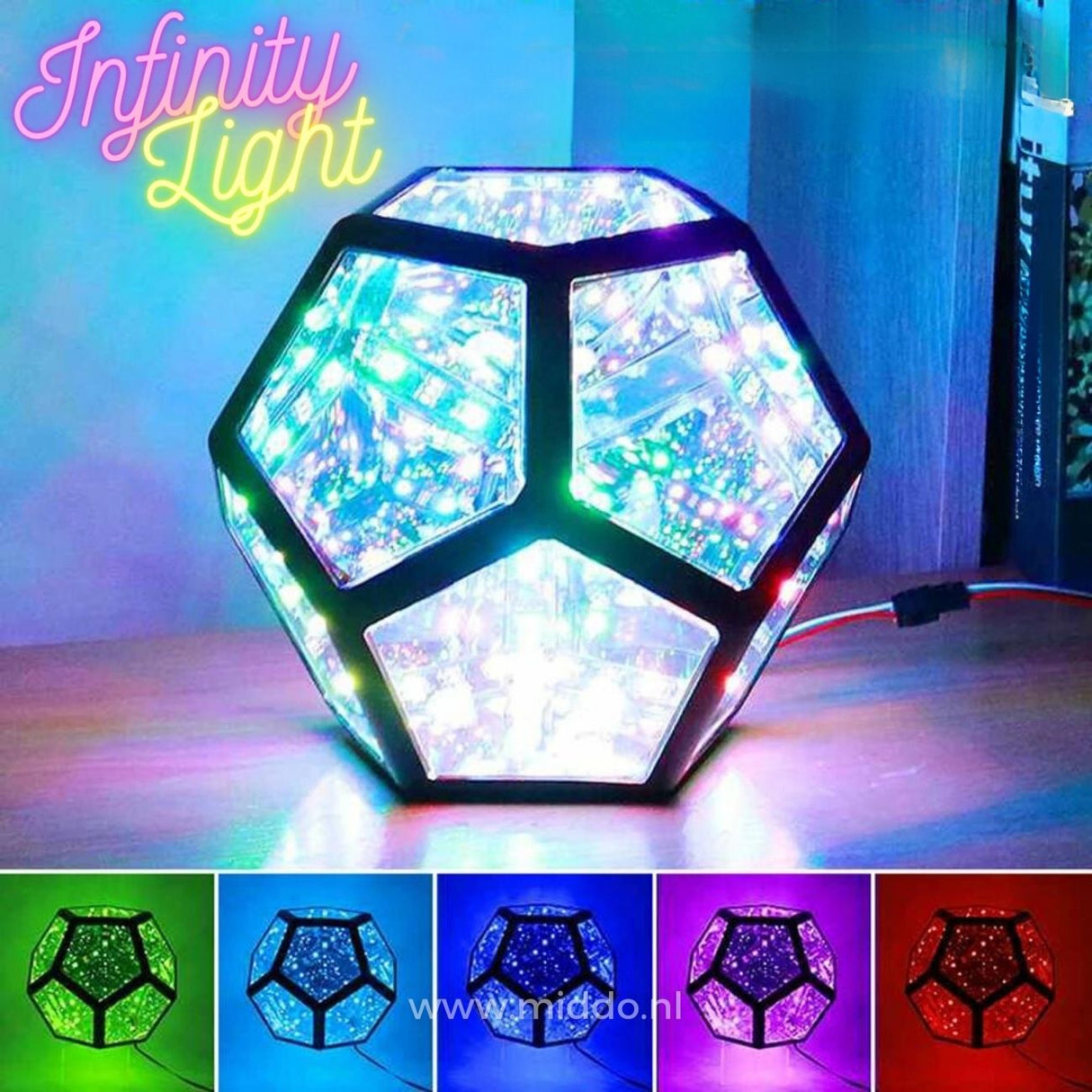 Infinity 3D light sphere with soft glow illuminating a sci-fi themed bedroom.