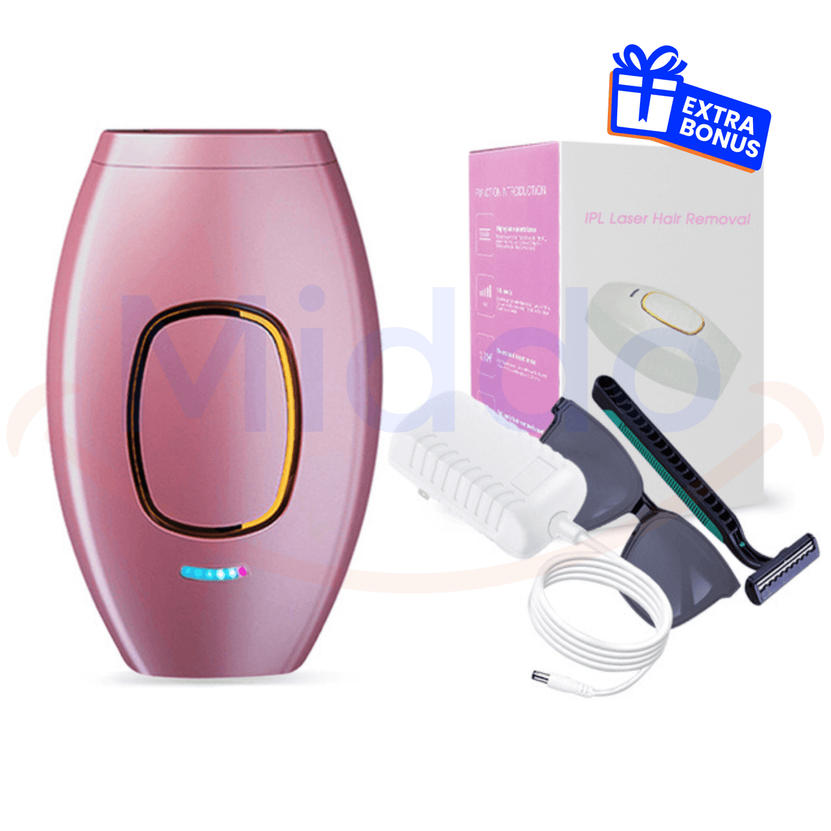 Pink IPL hair remover product display view.