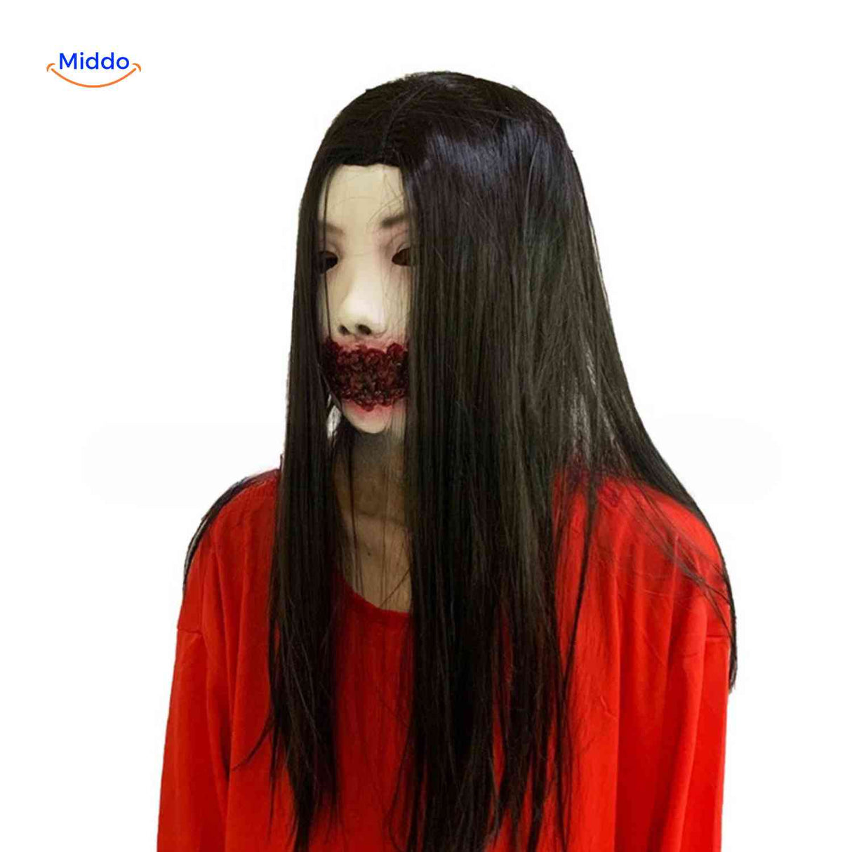Japanese horror mask with closed bloody mouth and scary expression.
