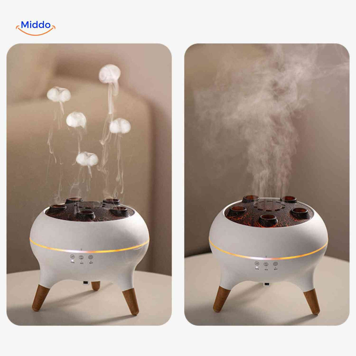 Jellyfish diffuser in dual mode showing steam versus cloud mist effects.