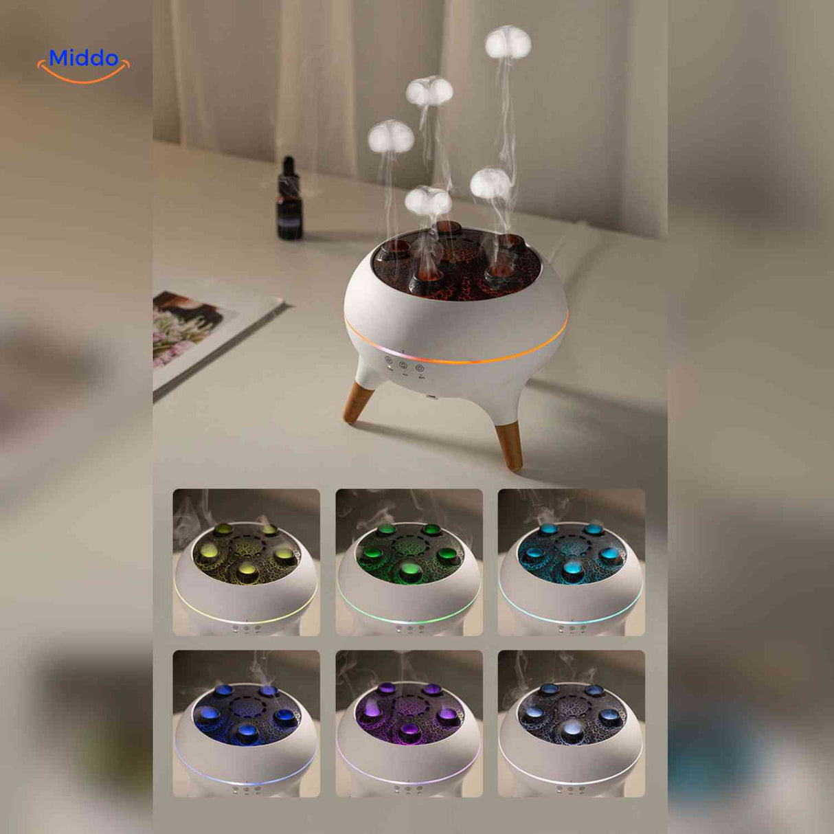 Jellyfish diffuser with multicolor ambient light and aromatic cloud output.