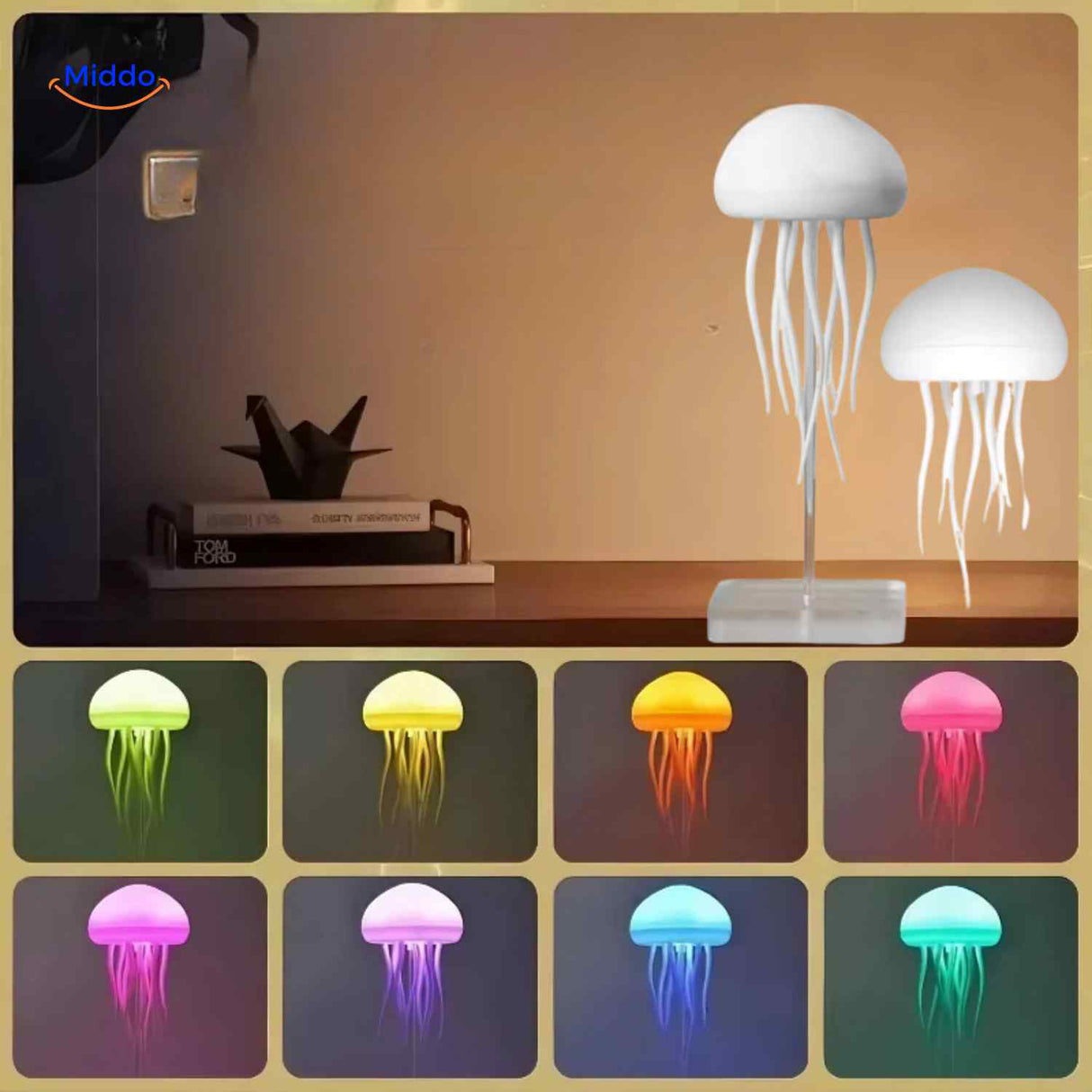 JellyGlow jellyfish lamp on desk with color-changing LED effects.