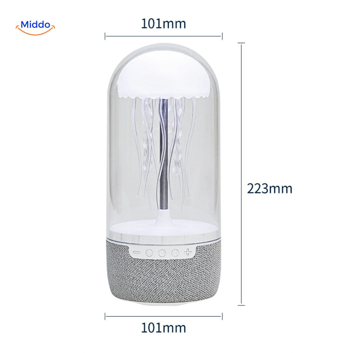 JellyGlow speaker full view with dimensions and measurements labeled in millimeters.
