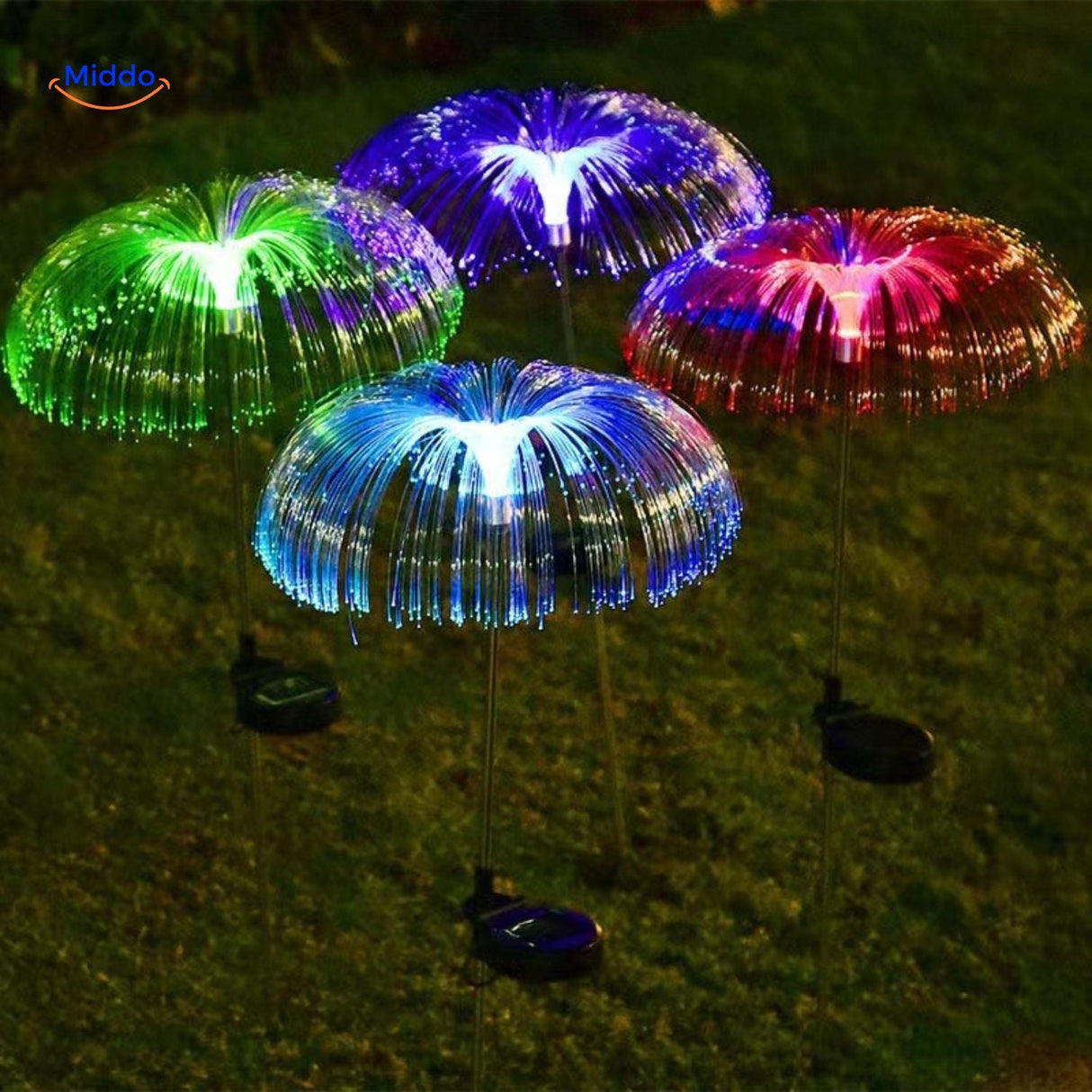 JellyGlow solar light creating color-changing water fountain effects with fiber optics