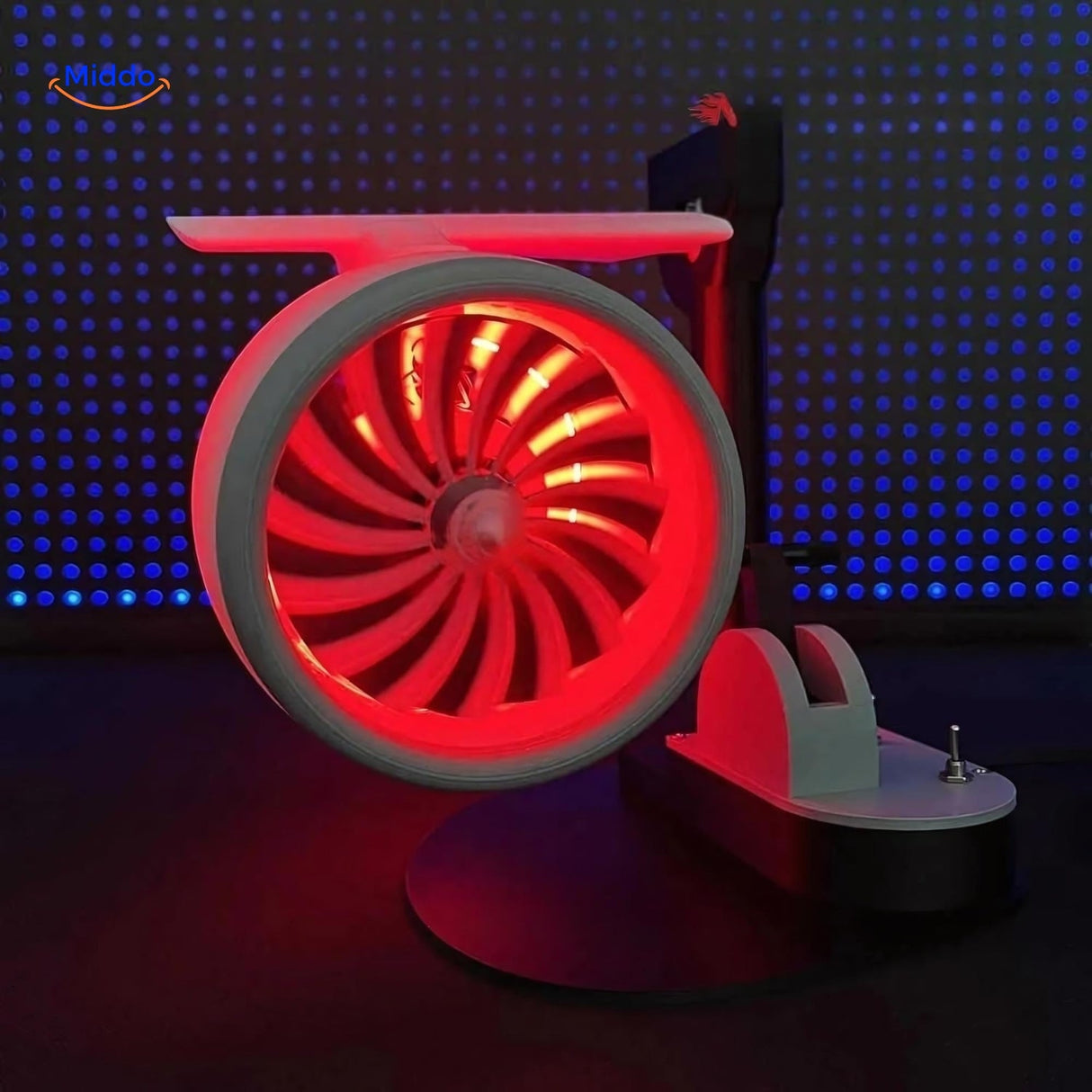 Handmade Jetfan turbofan fan glowing in dark atmospheric lighting.
