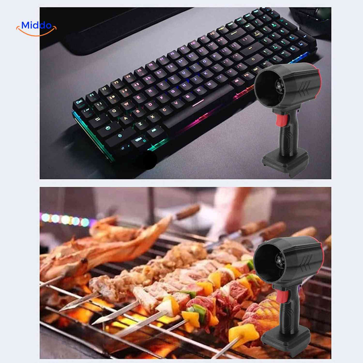 Jet air dryer safely cleans gaming keyboards and starts BBQ with precision.