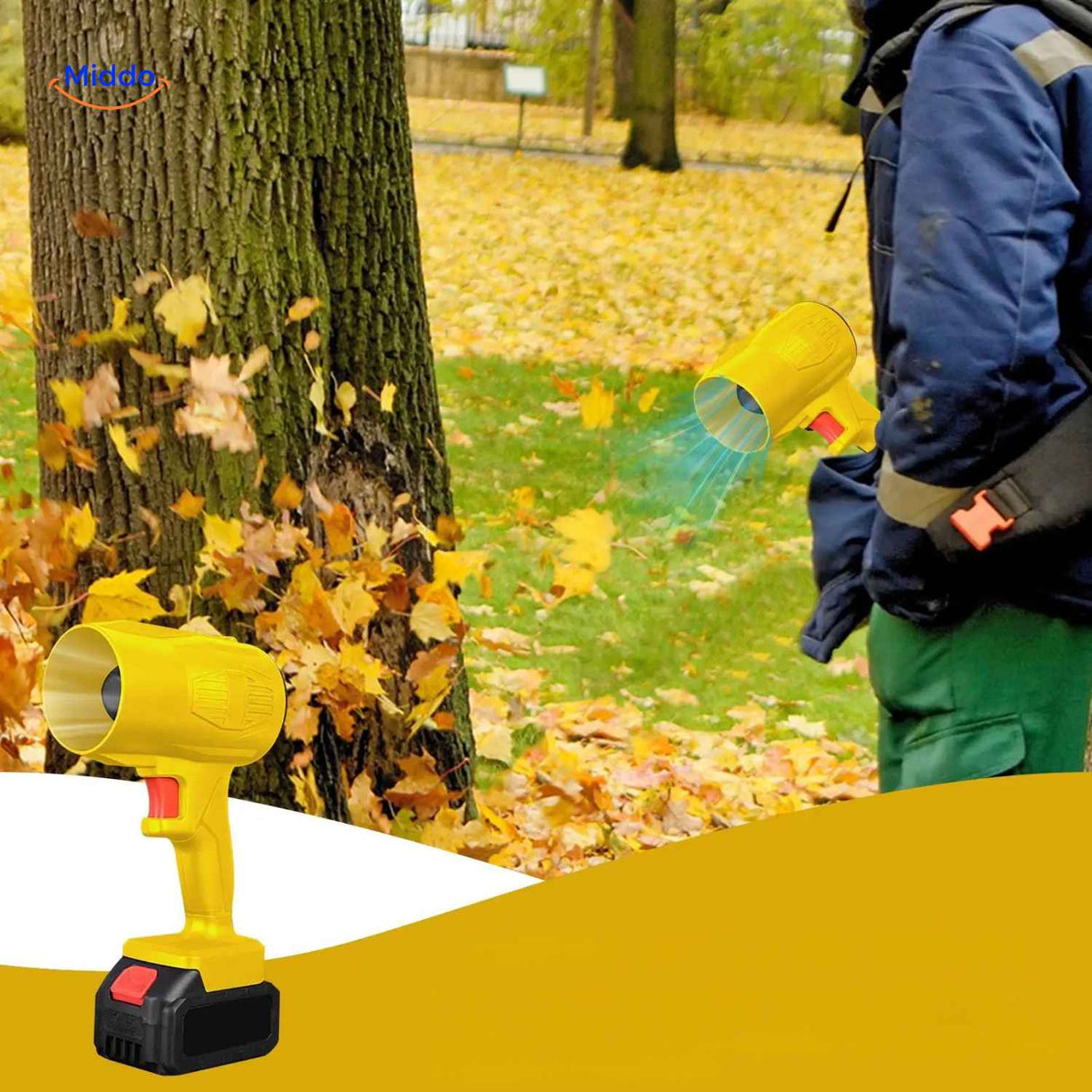 Fast-drying cordless blower efficiently removes snow and ice from car windshield.