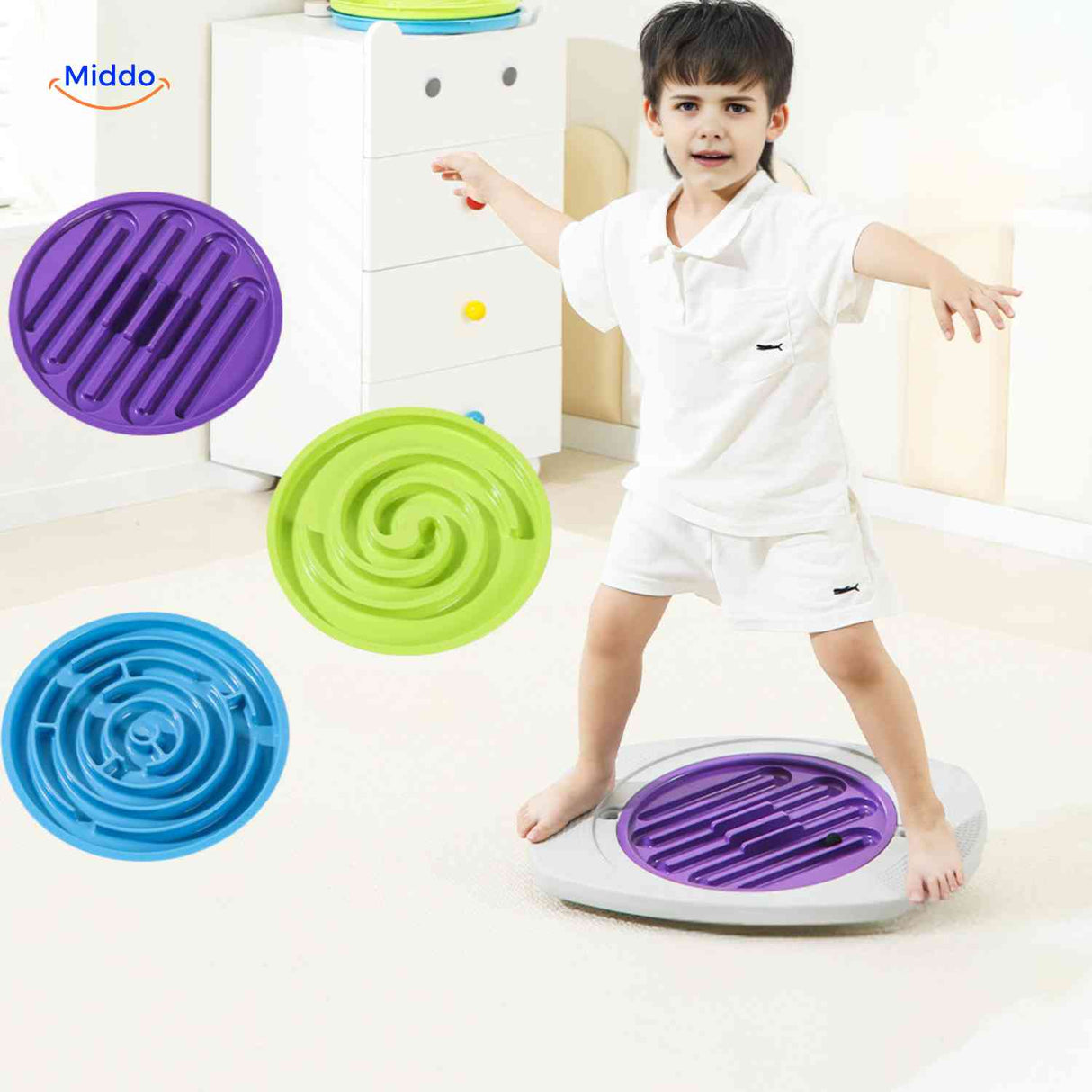 Child developing coordination skills with replaceable balance game discs