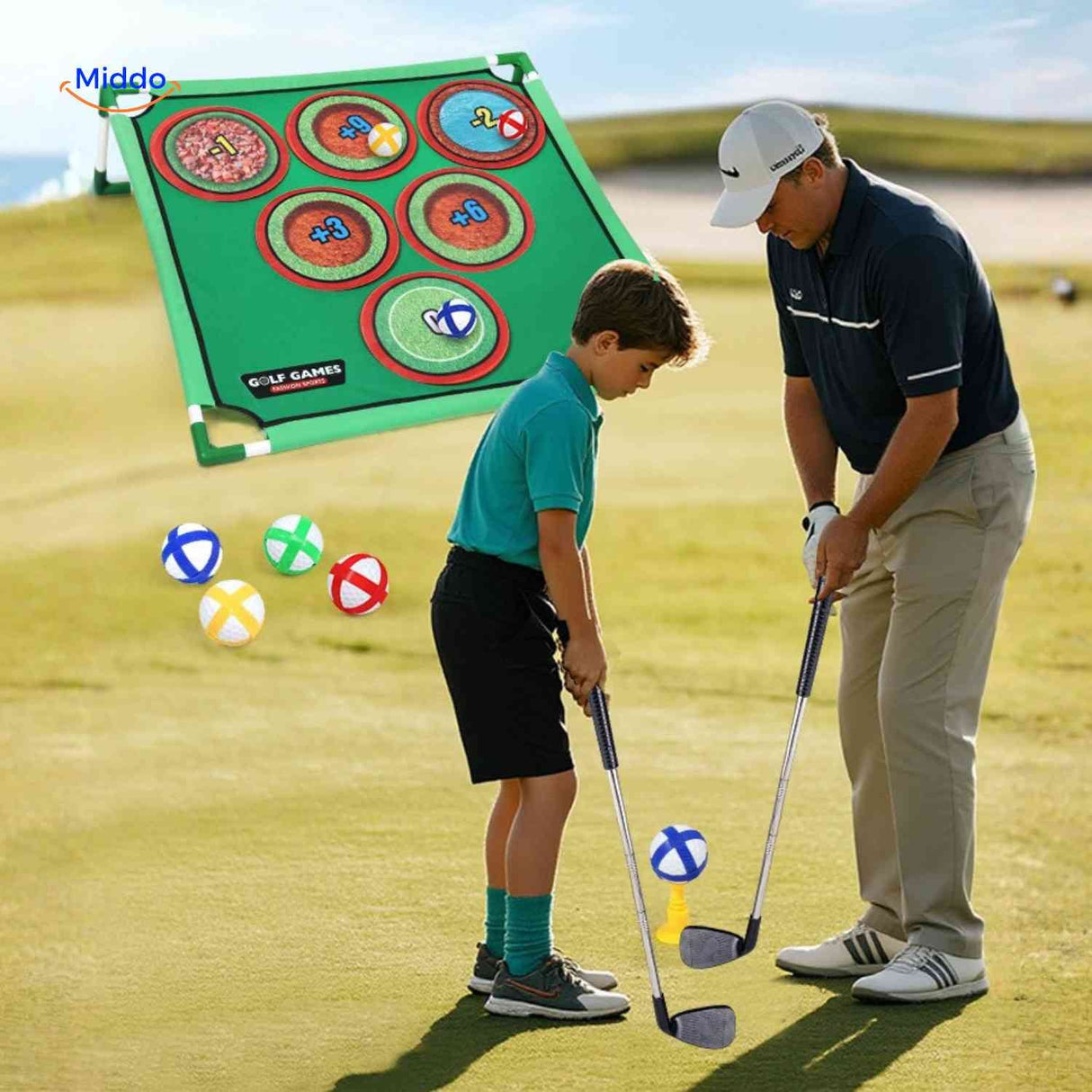 Kids golf training practice set with chipping game targets and balls.