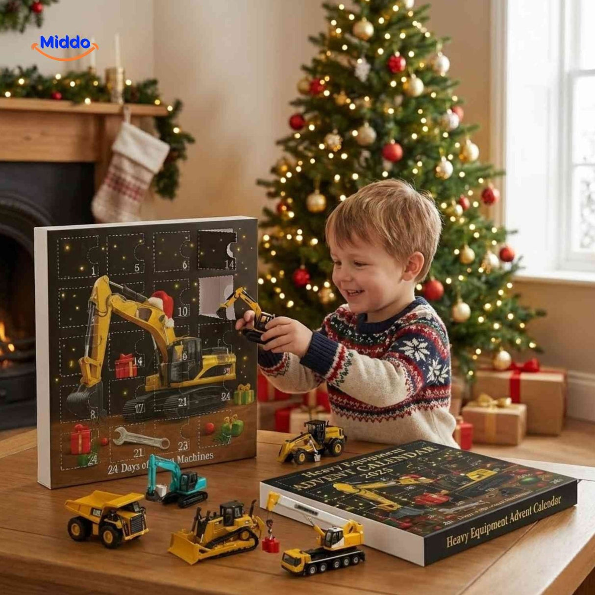 Children excitedly opening toy construction vehicles from calendar.