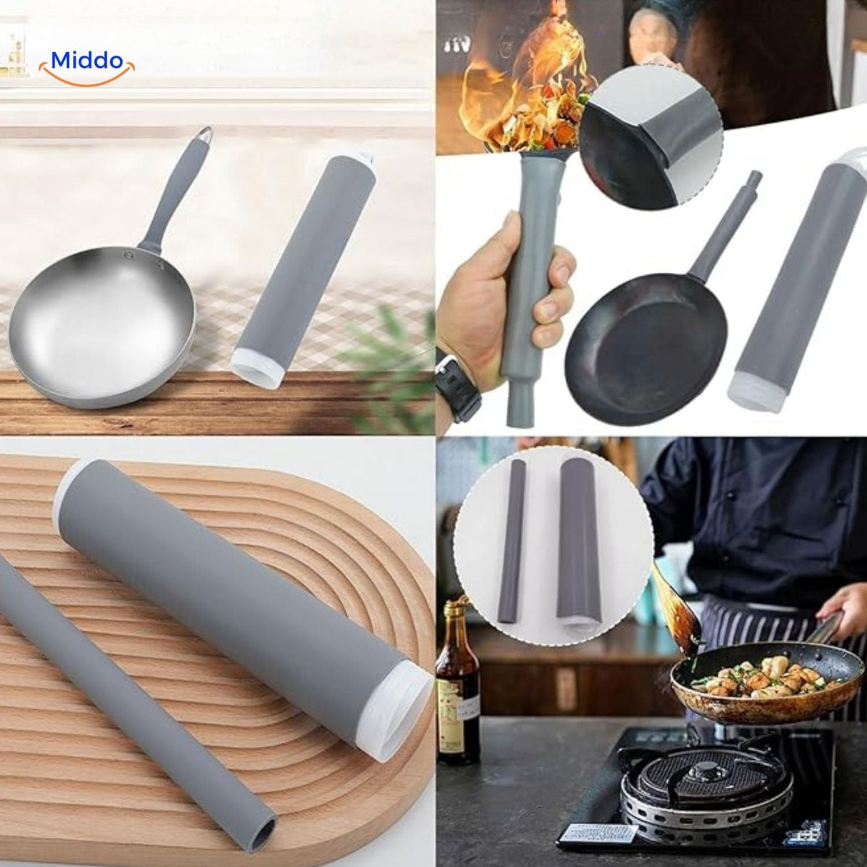 Complete kitchen set with silicone handle protectors for multiple cookware pieces.