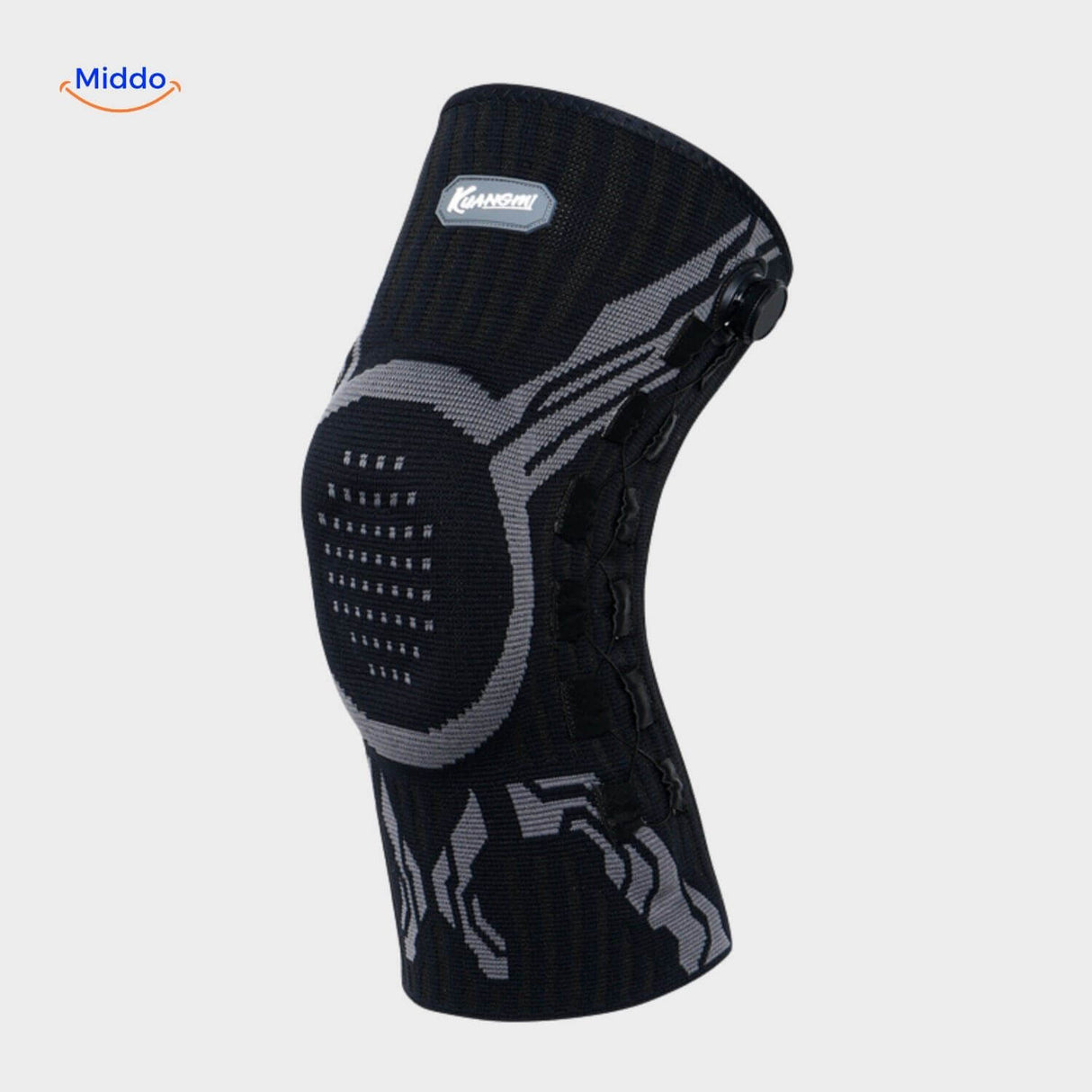 Black FlexiGuard knee brace with anatomical fit for all-day comfort.