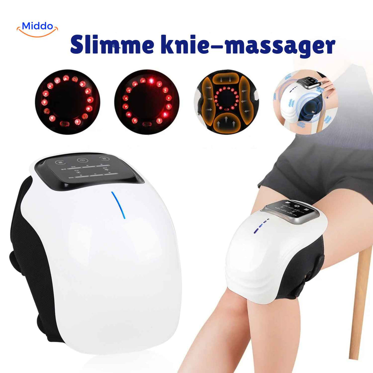 Knee massager with red light therapy and intelligent heat settings control.