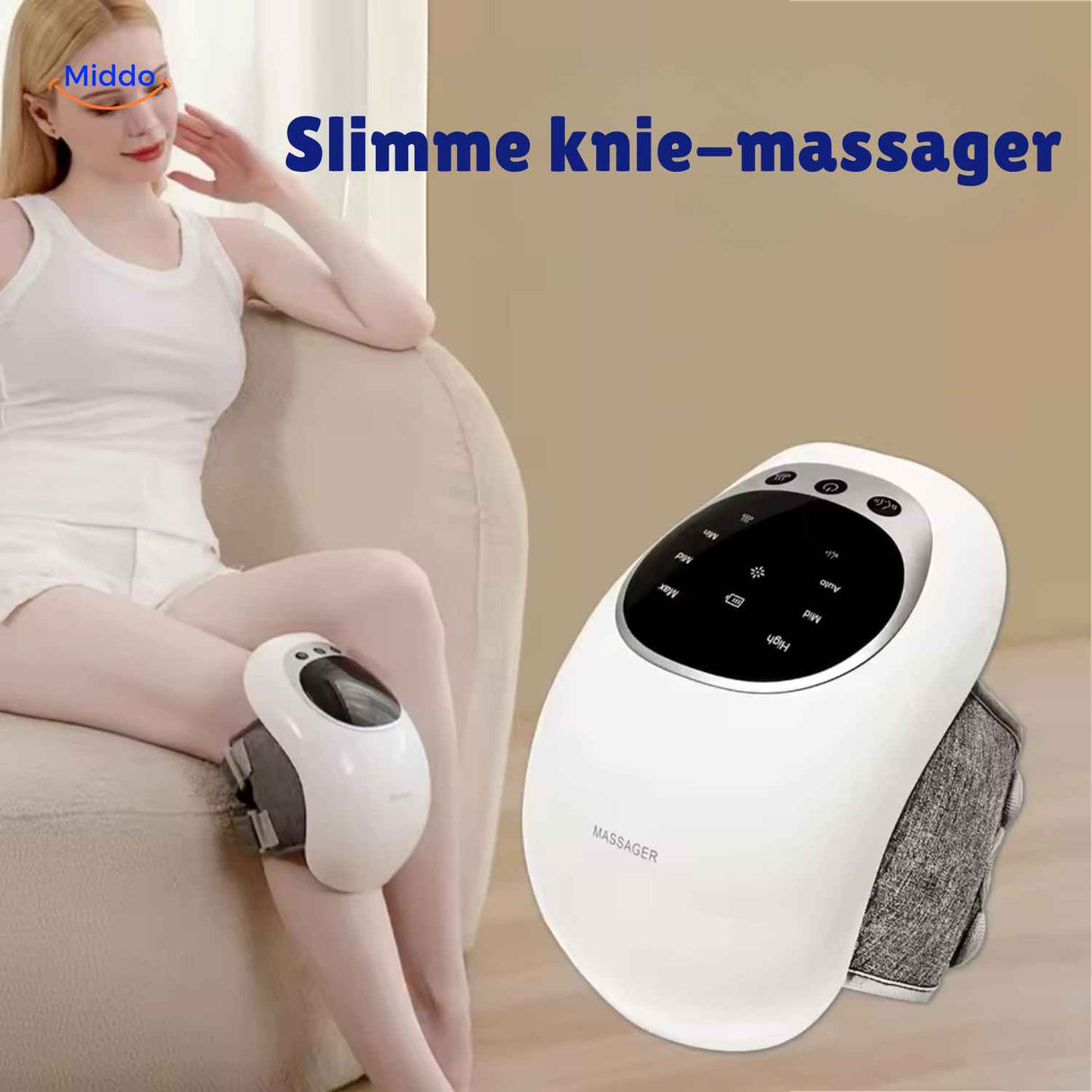 Smart knee therapy device featuring infrared warming and vibration massage modes.