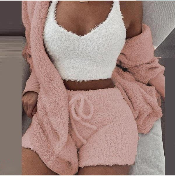 3-piece knit comfy set in pink, cozy knit loungewear and streetwear outfit for women.