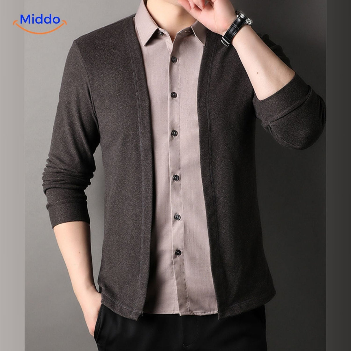 Close-up of 2-in-1 knit shirt stylish collar and button details.