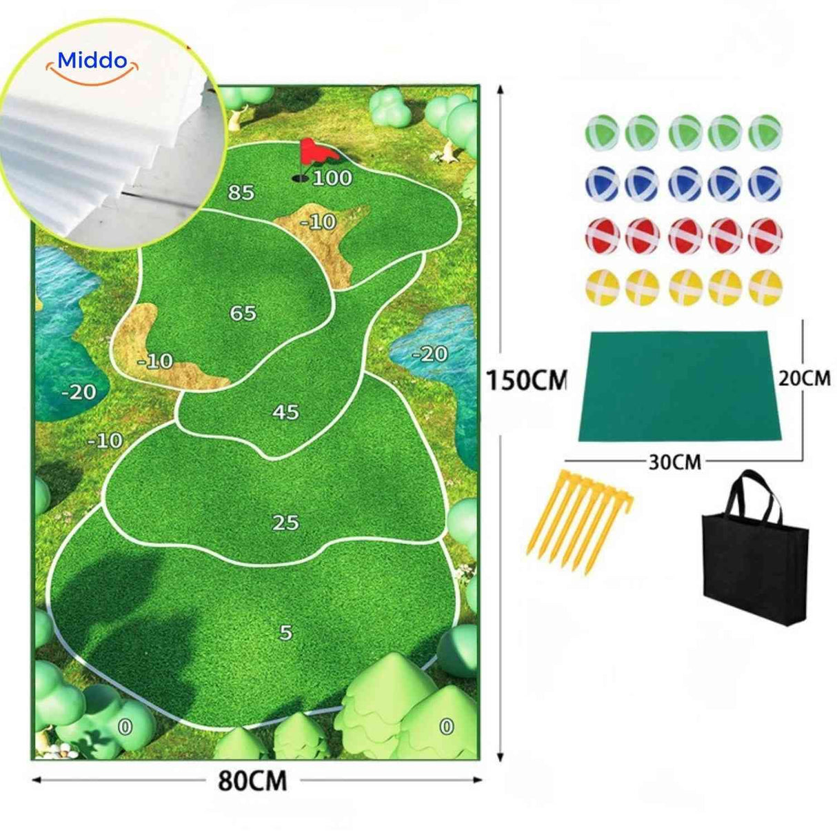 Large golf practice mat with multiple point zones for skill training.