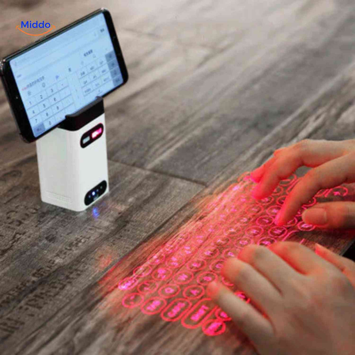 Wireless laser keyboard with smartphone connectivity and projector.