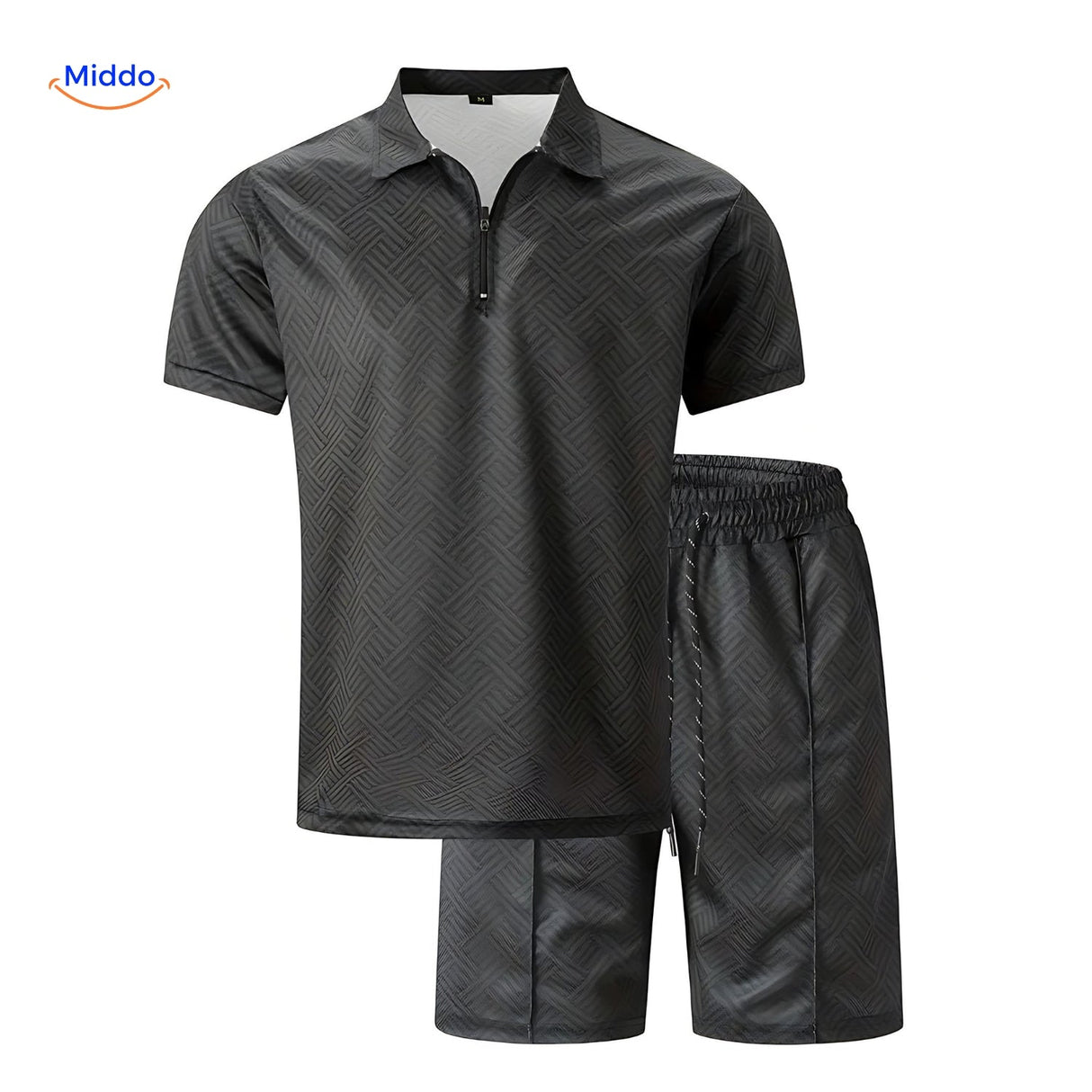Leander summer set in black including lightweight shirt and drawstring shorts ensemble.