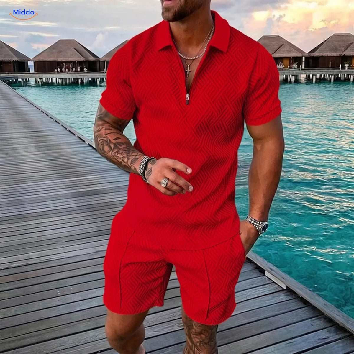 Leander summer set men polo and shorts red