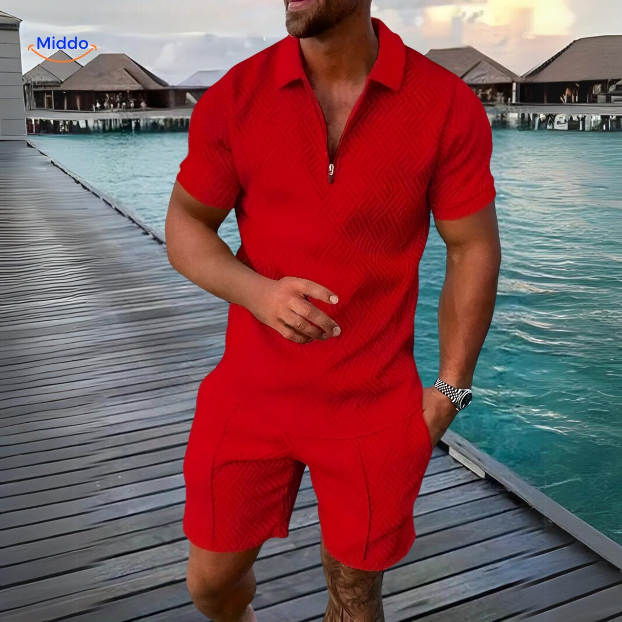 Red Leander two-piece summer set ideal for vacation with breathable fabric construction.