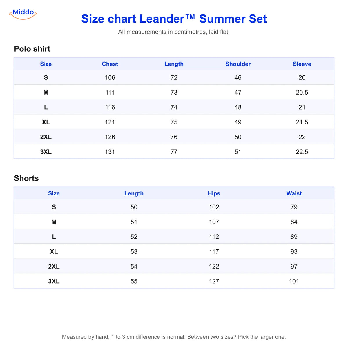 Leander summer set size chart