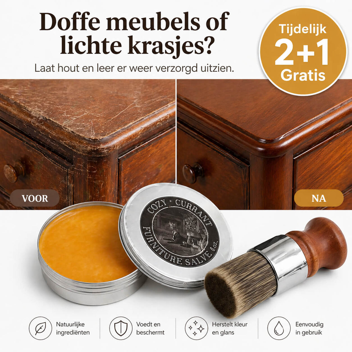 Leather and wood balm scratch remover kit with applicator brush on clean white background.