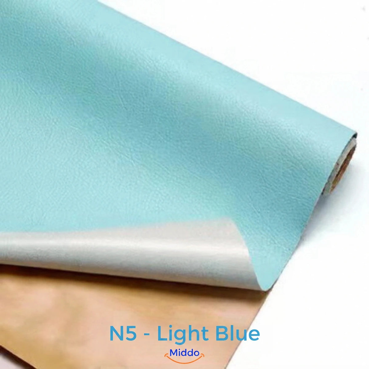 LeatherRestore self-adhesive faux leather repair patch in N5 - Light Blue, showing the textured surface and backing.