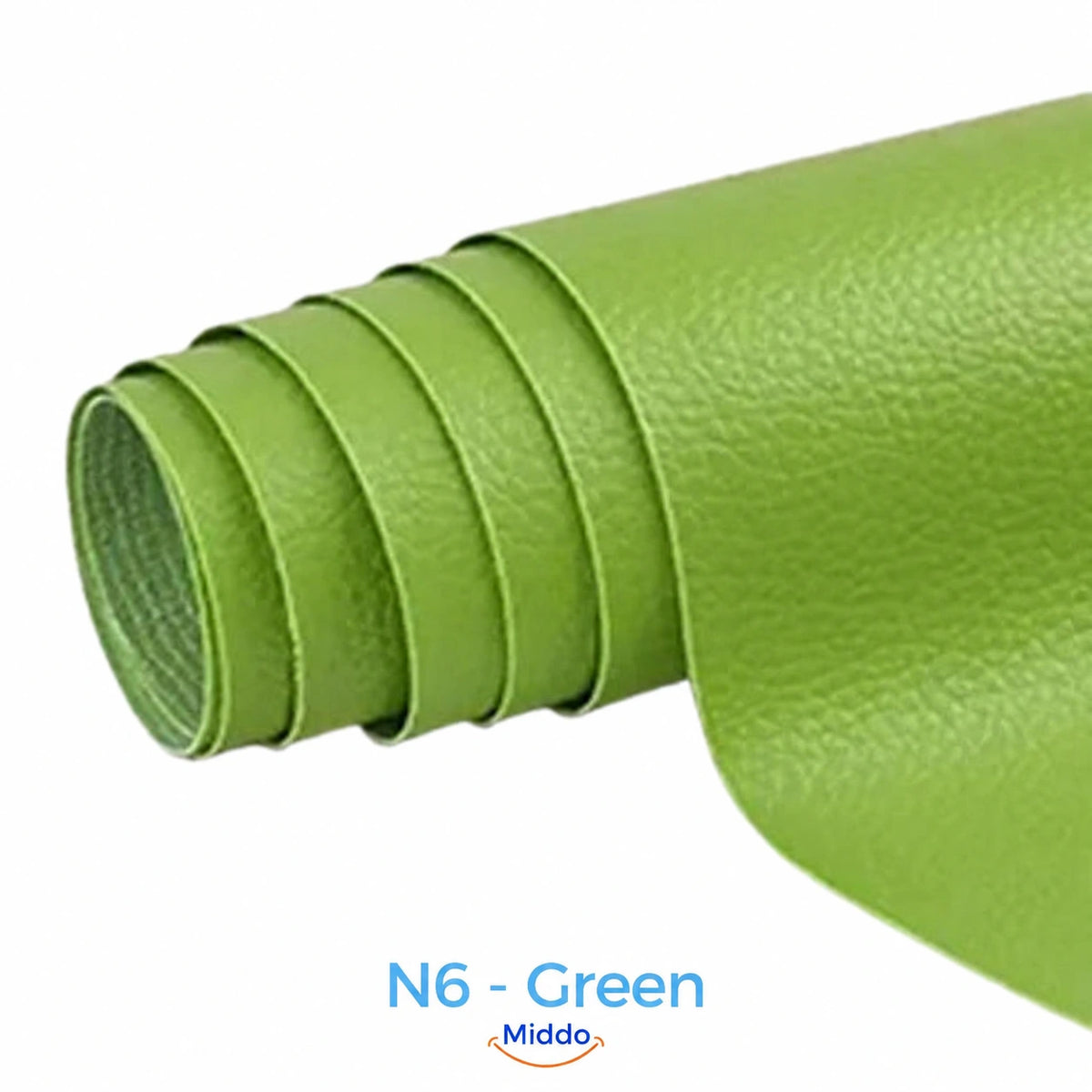 LeatherRestore self-adhesive faux leather repair patch in N6 - Green, showing the textured surface and backing.
