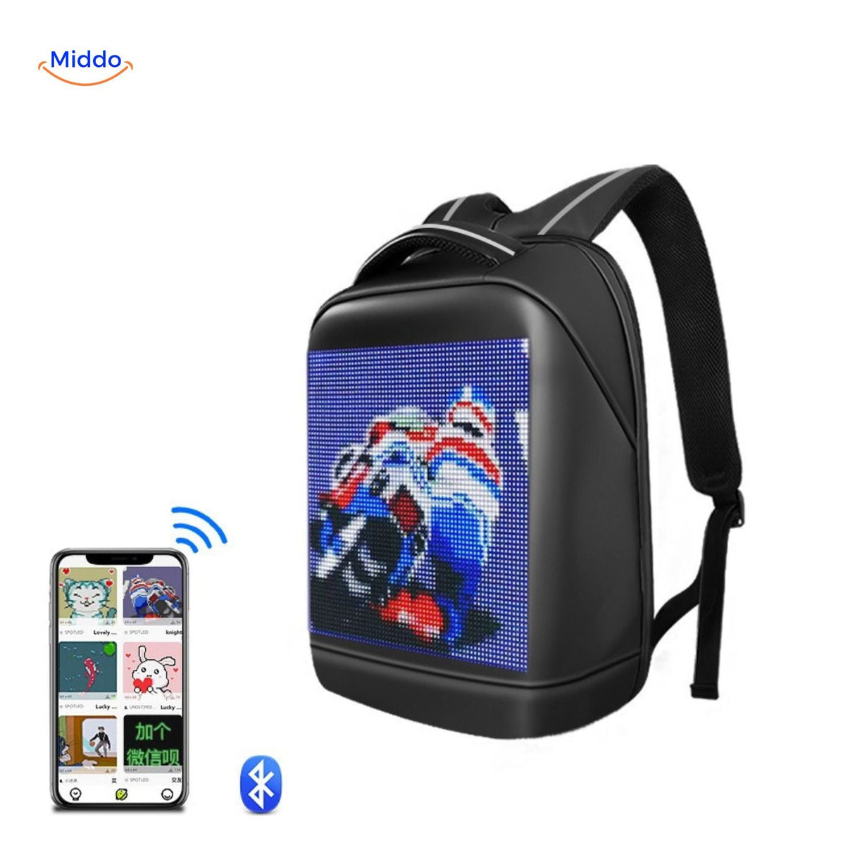 LED backpack with smart display worn during travel and outdoor adventures with essential gear.