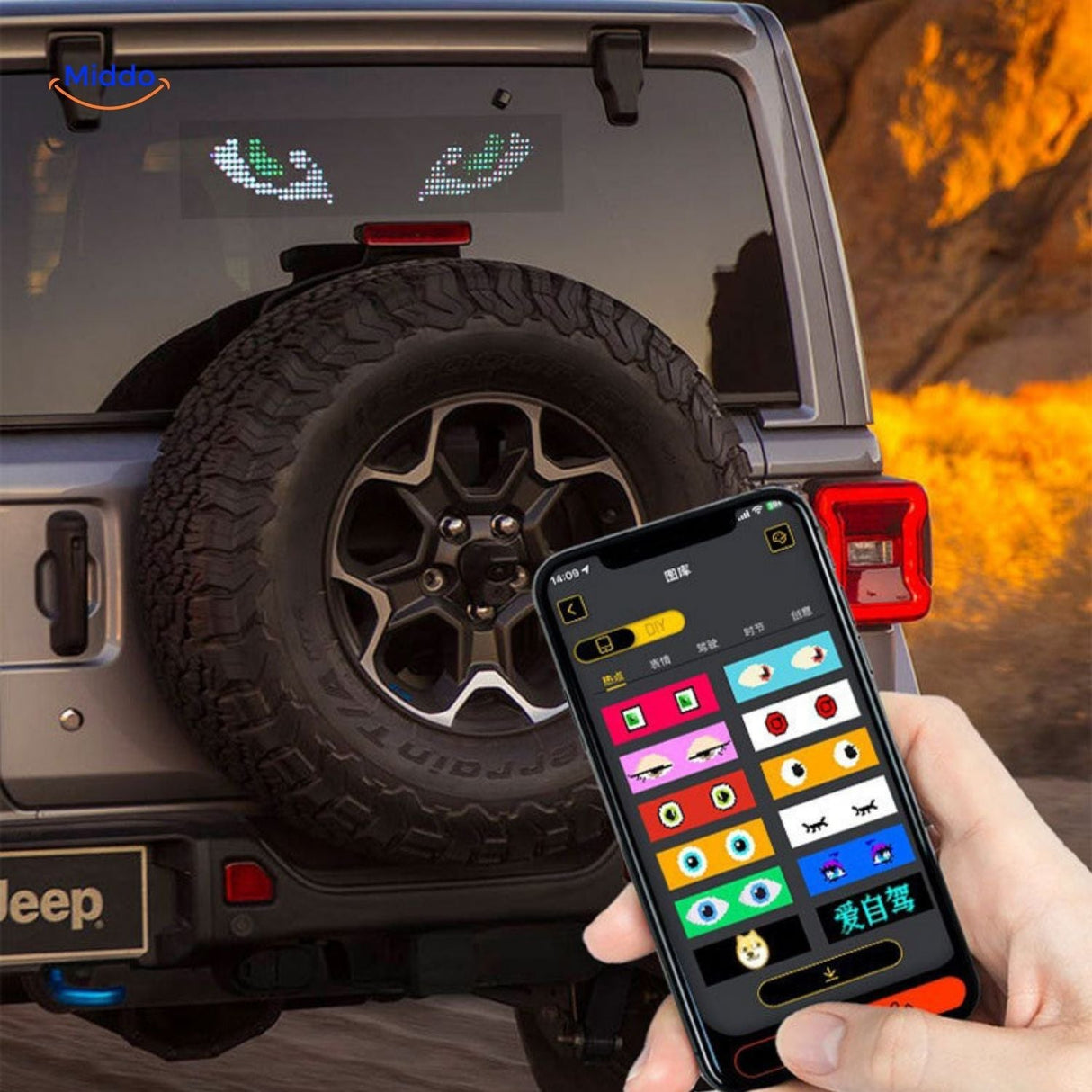 DriveFlex LED display showing various animated effects on a Jeep.